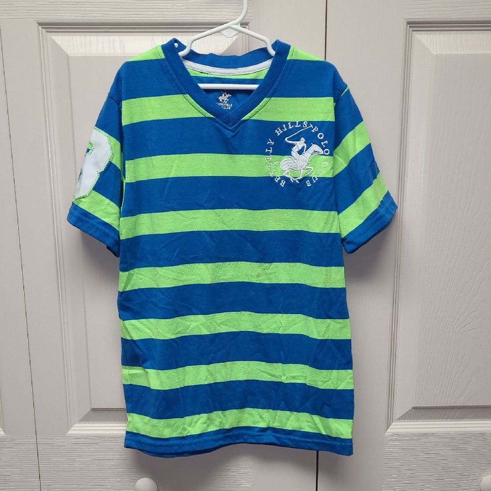 Beverly Hills Polo Club Blue and Green Striped V Neck Kids Shirt S